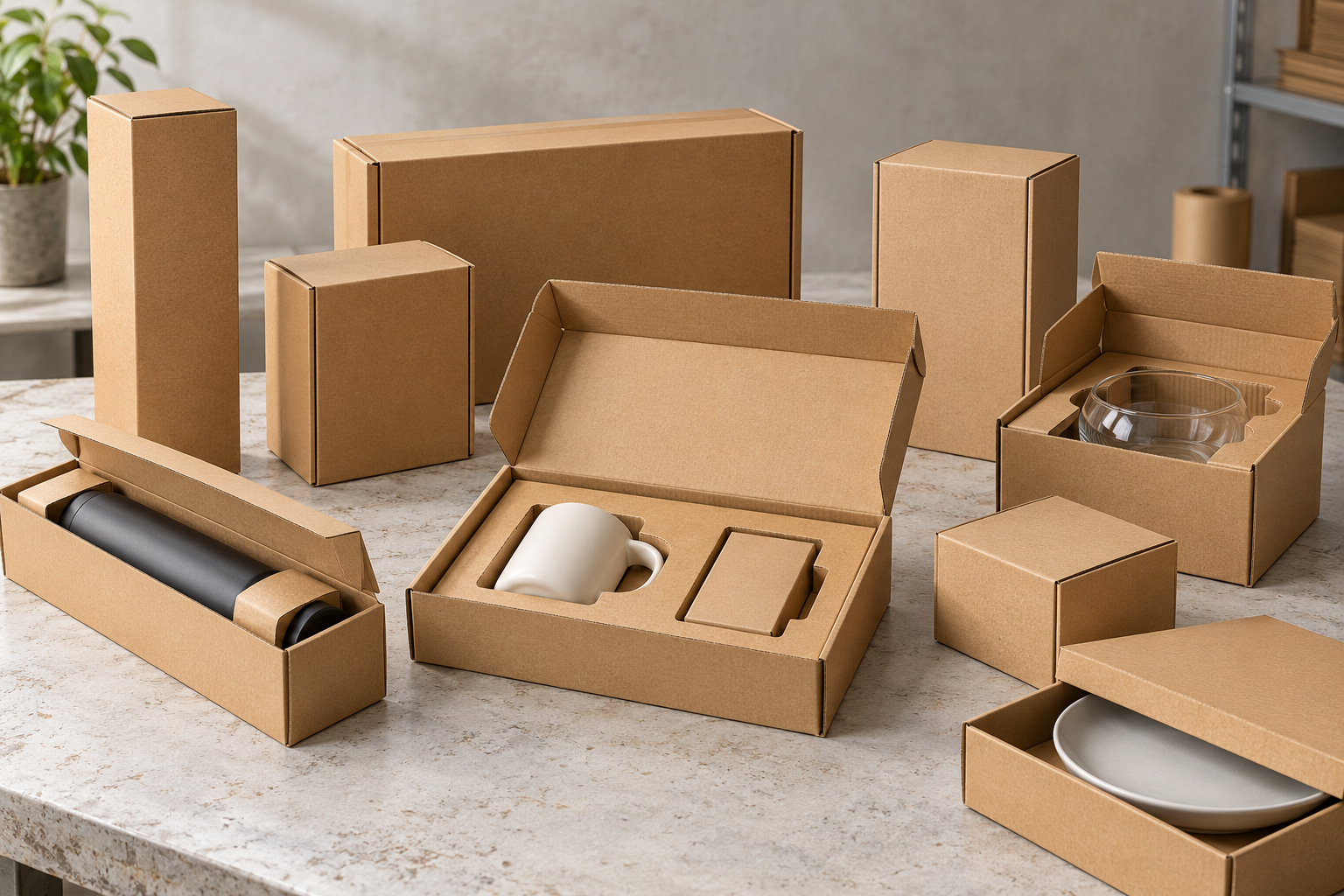 Cajas de cartón de diferentes tamaños con interiores adaptados a productos