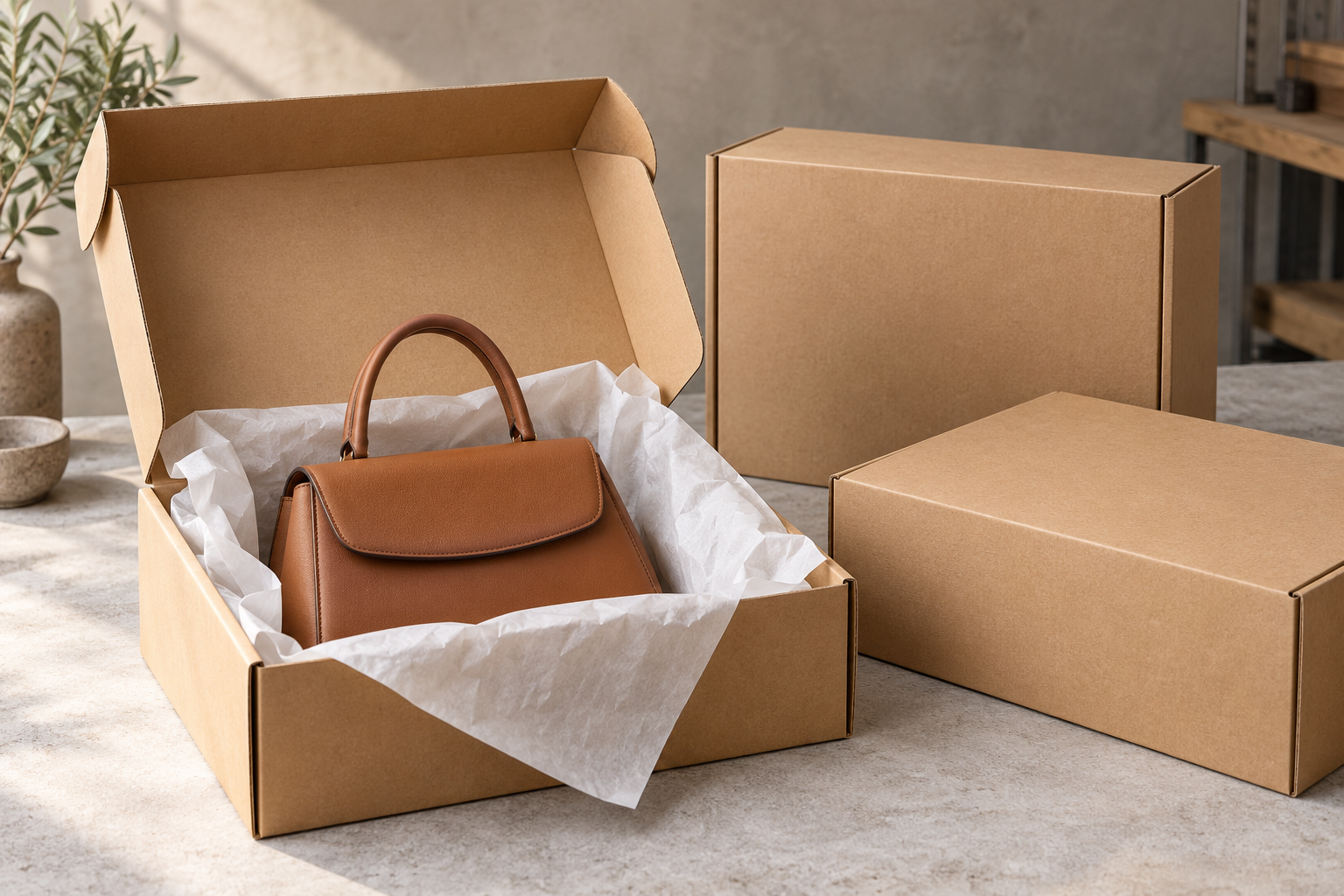 Bolso protegido con papel dentro de una caja de cartón