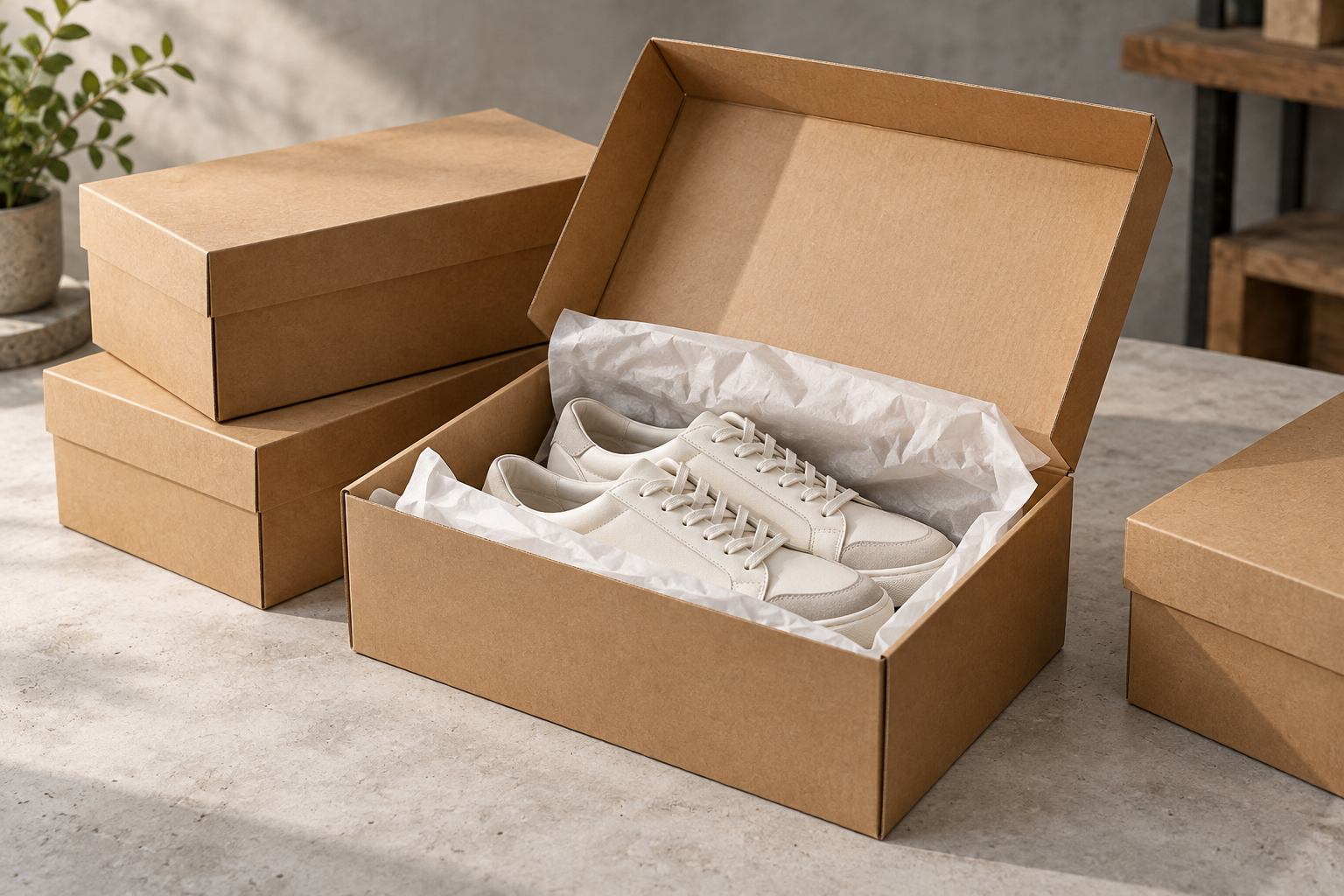 Zapatillas protegidas con papel en una caja de cartón para calzado