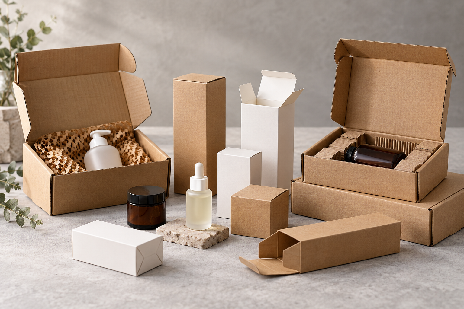 Pequeñas cajas de cartón con envases genéricos de cosmética