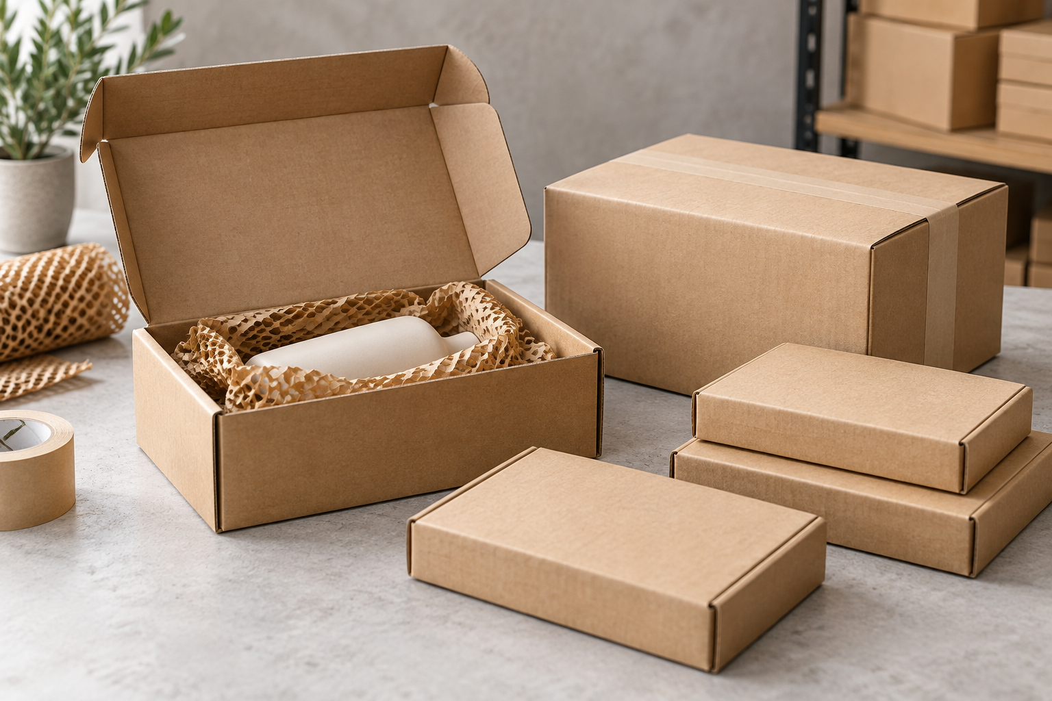 Cajas compactas para ecommerce con producto envuelto en papel protector
