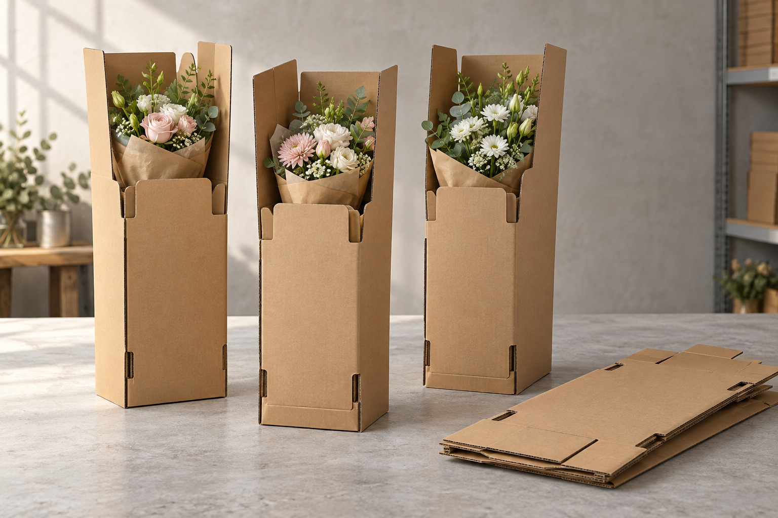 Ramos de flores en cajas altas de cartón