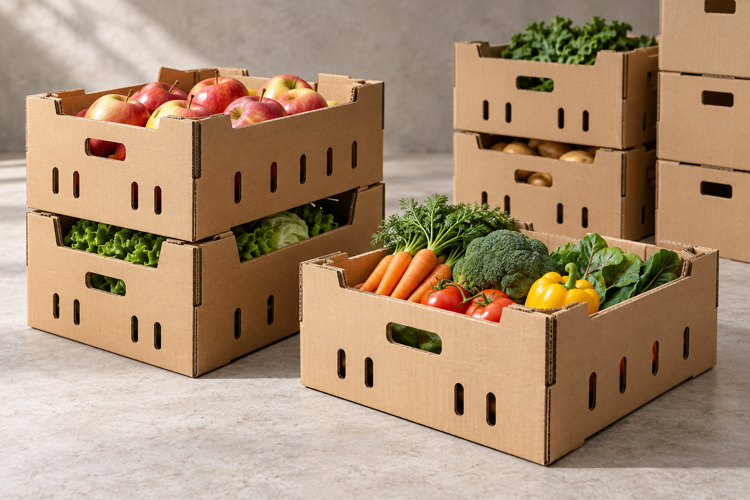 Cajas ventiladas de cartón con frutas y verduras