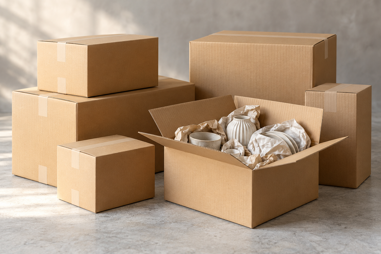 Cajas de cartón para mudanza con objetos domésticos protegidos