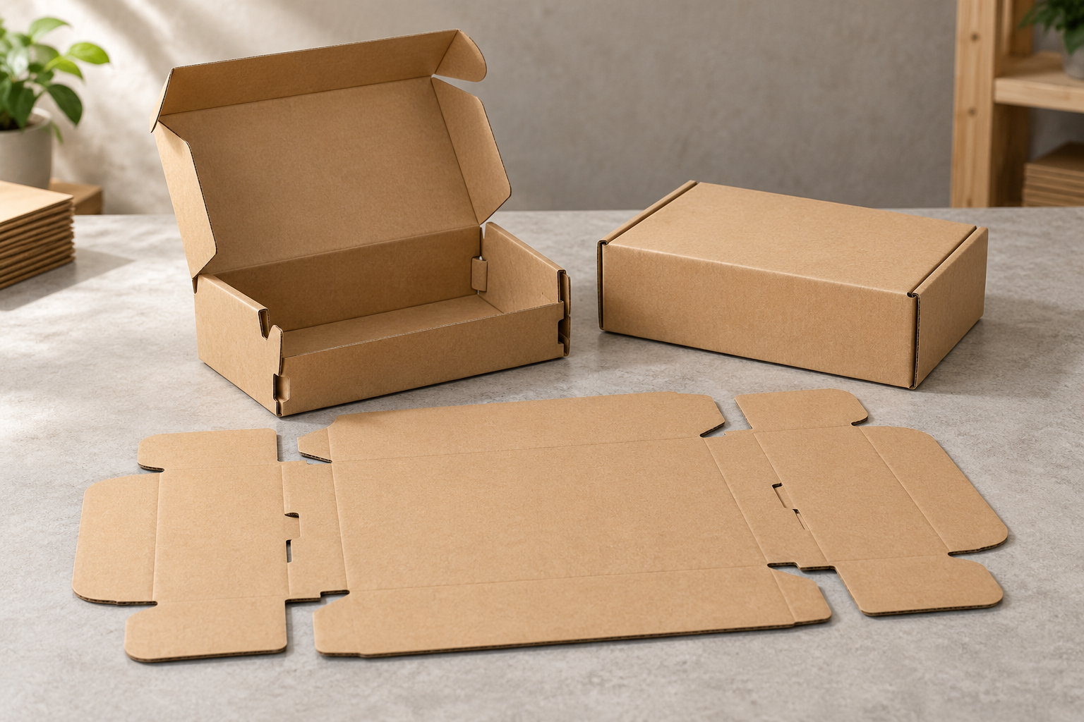 Caja automontable abierta y plancha de cartón con pestañas de montaje