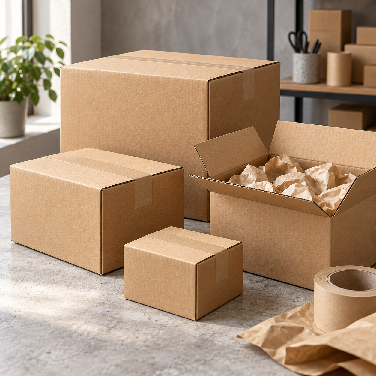 Diferentes cajas de cartón para preparar envíos
