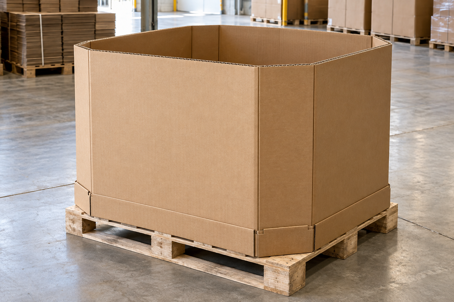 Contenedor de cartón de gran capacidad colocado sobre un palé