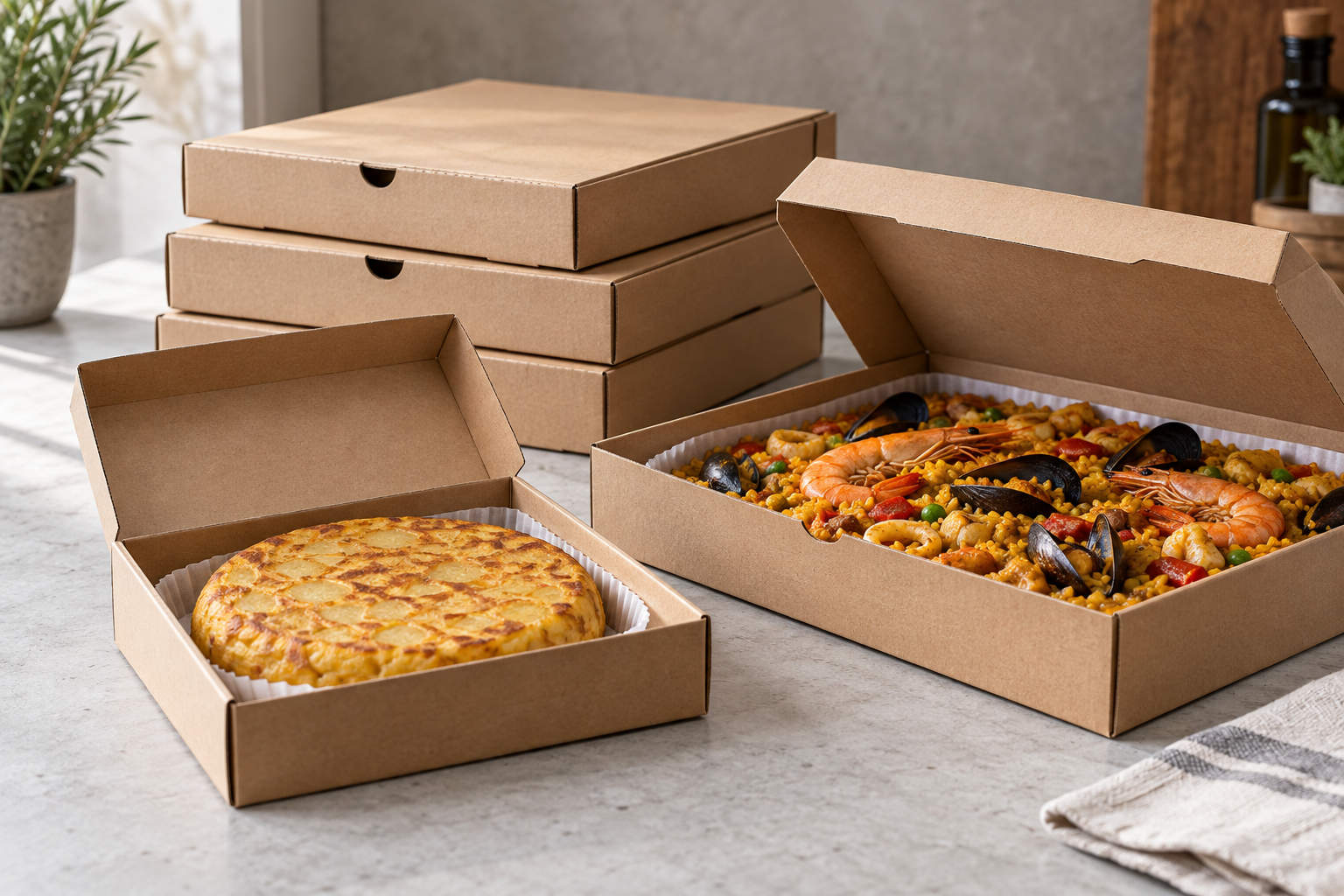 Cajas de cartón con una tortilla y una paella preparadas para llevar