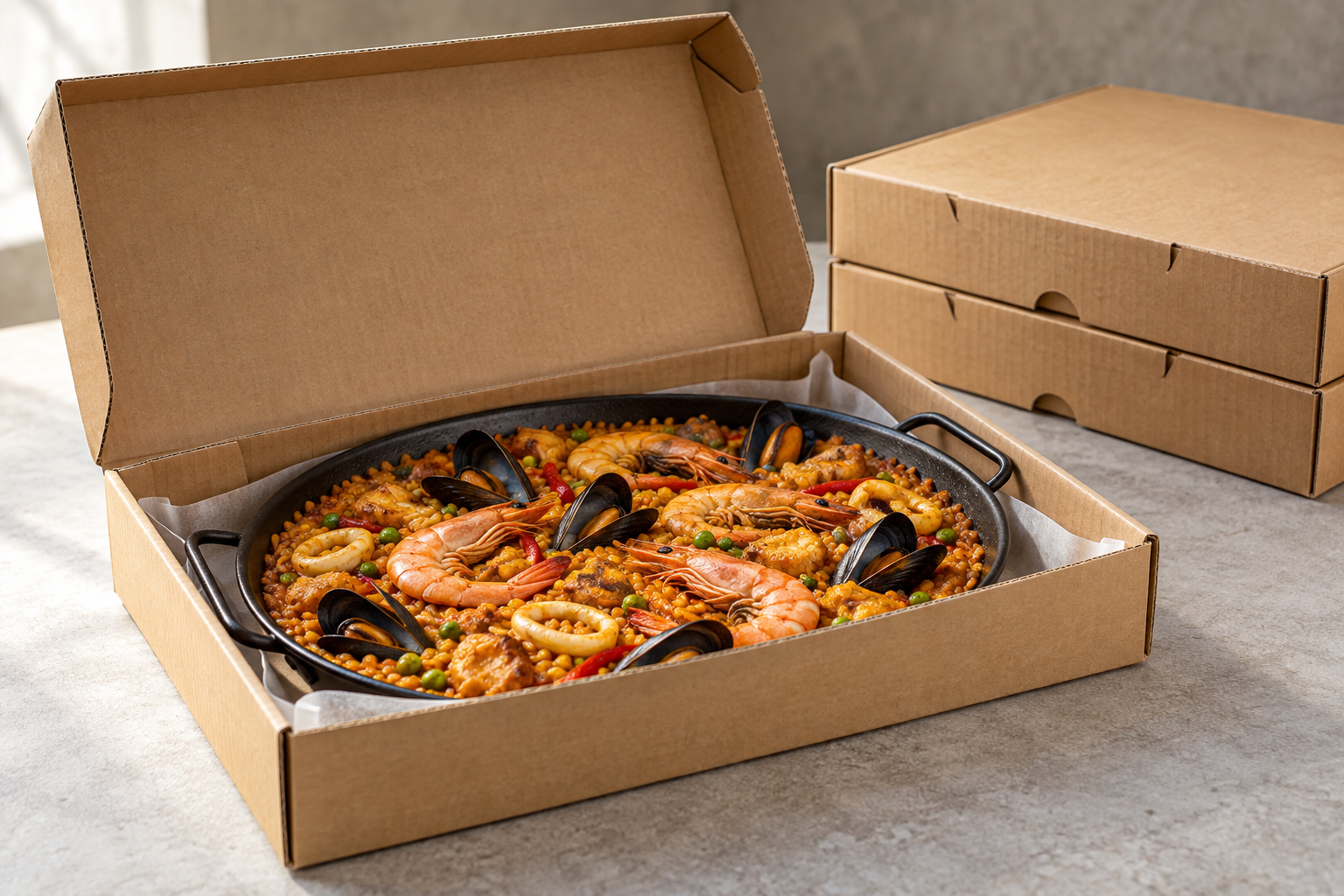 Paella en su recipiente colocada dentro de una caja de cartón abierta