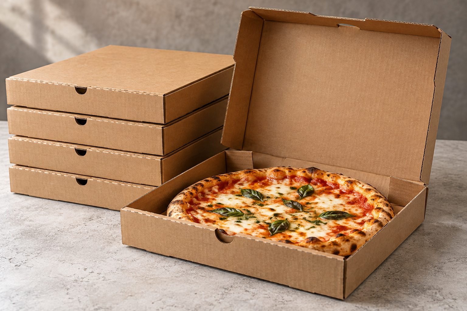 Cajas de cartón para pizzas apiladas con una caja abierta