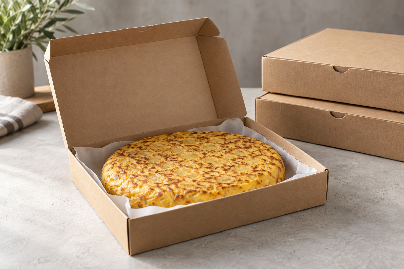Tortilla de patata en una caja de cartón abierta